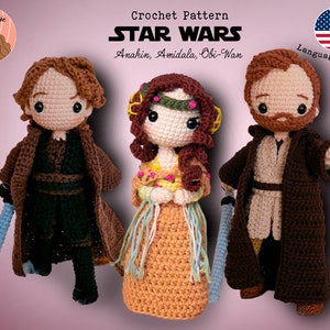 May include: Crocheted Star Wars characters Anakin, Amidala, and Obi-Wan. Anakin wears a brown cloak and holds a blue lightsaber. Amidala is in a tan dress with a floral headpiece. Obi-Wan has a brown cloak and a lightsaber. The image includes text: Crochet Pattern STAR WARS.