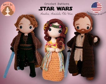 Star Wars: Anakin+Padme Amidala+Obi-Wan Kenobi HÄKELMUSTER, (PDF-Datei) Amigurumi-Tutorial, handgemachte Puppe gehäkelt