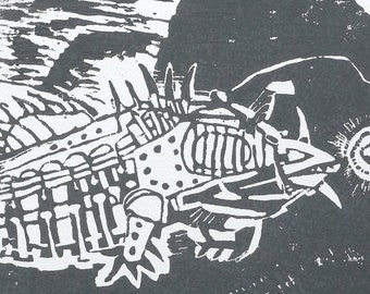 Original lino print, limited edition, deep sea fish