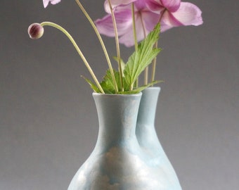 Vase with 2 necks, ceramic vase for several flowers, small vase with relief, in matt light blue