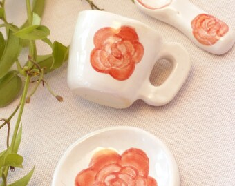 Plate-cup-spoon set small ceramic, doll kitchen accessories, for doll moms, rose, handmade