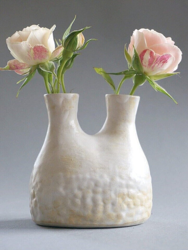 Vase with 2 necks, double vase with relief for single flowers, matt glaze, handmade image 1