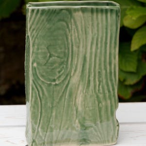 Flower vase | Handmade vase with wooden relief | rectangular | light blue | pink