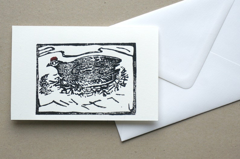 Original linocut folding card, chicken, limited edition image 3