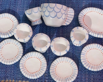 Small doll's kitchen crockery, ceramic set toy, maritime motif