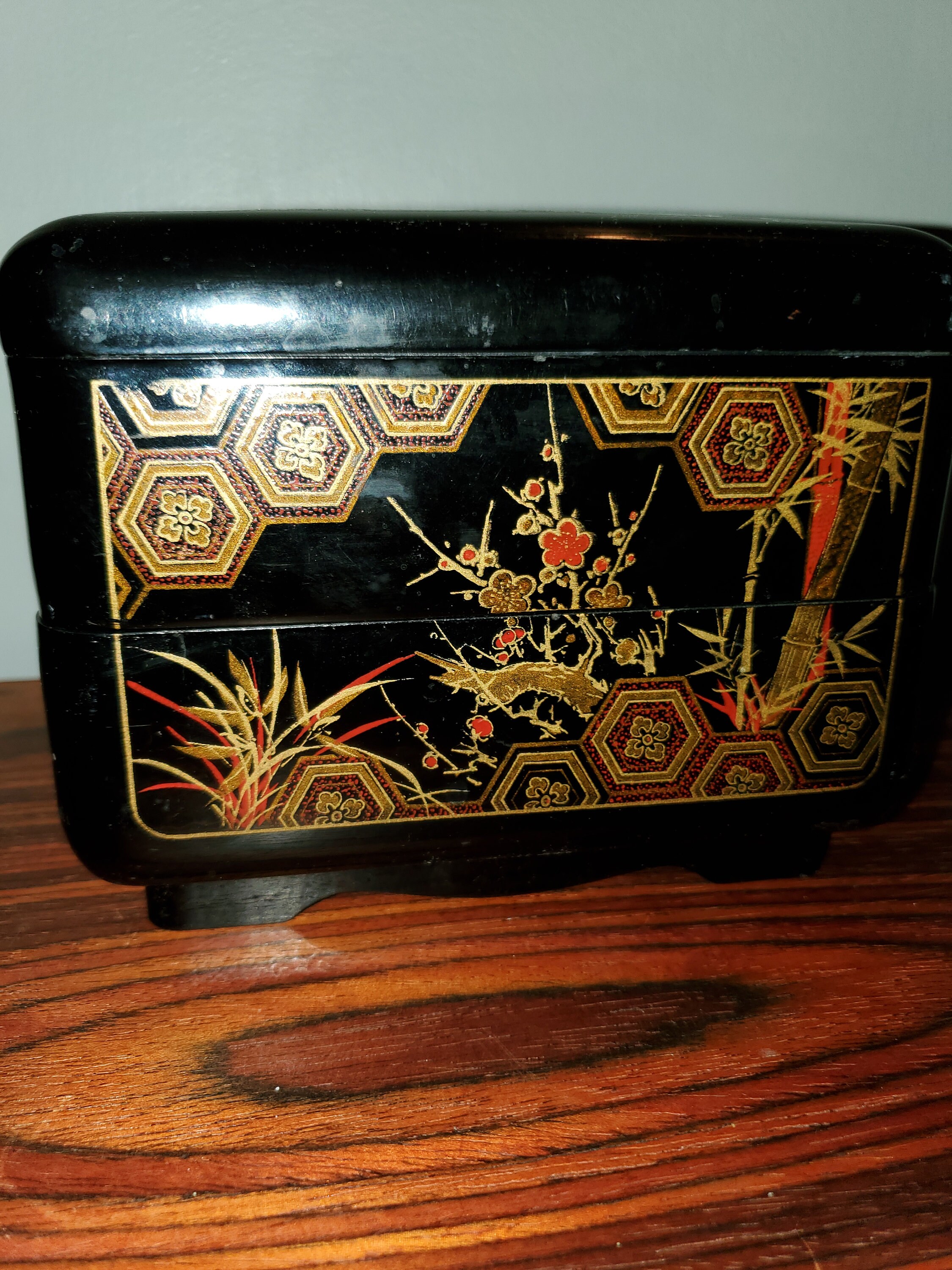 Large black lacquered jewelry box/floral lidded 3 tiered Etsy