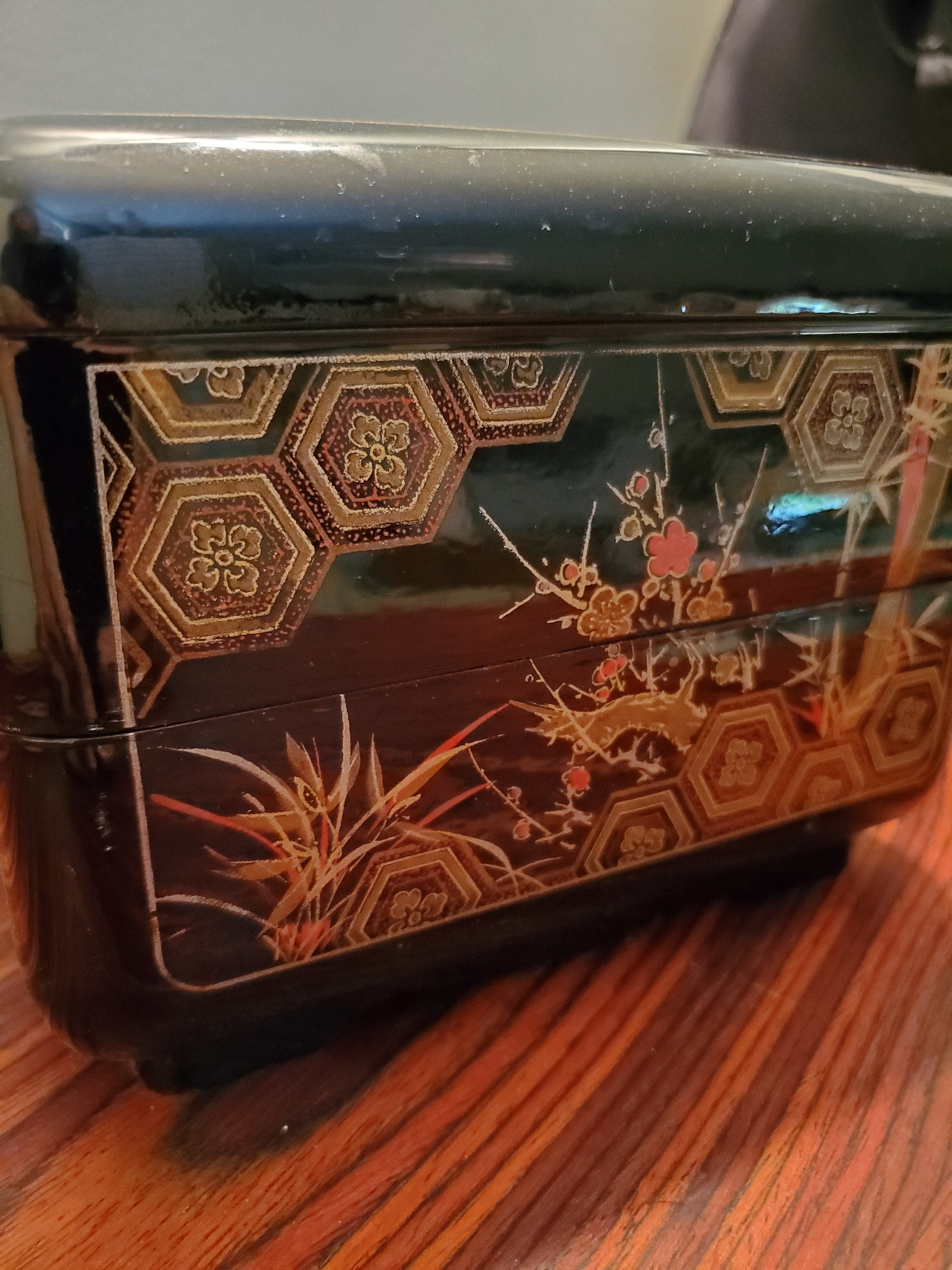 Large black lacquered jewelry box/floral lidded 3 tiered Etsy