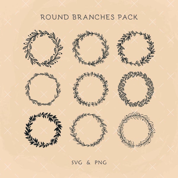 Round Branches SVG & PNG, Leaf Frames, Floral Wreath, Circle Frame Bundle, Monogram, Silhouette, Cut File
