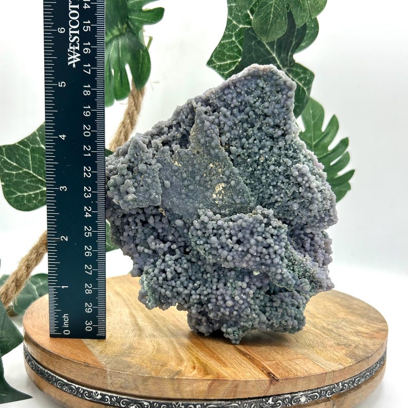May include: A large, natural grape agate geode specimen. The geode is a mix of lavender and gray colors, with a bubbly, botryoidal texture. A ruler shows the geode is approximately 5 inches tall. The geode sits on a wooden display stand.