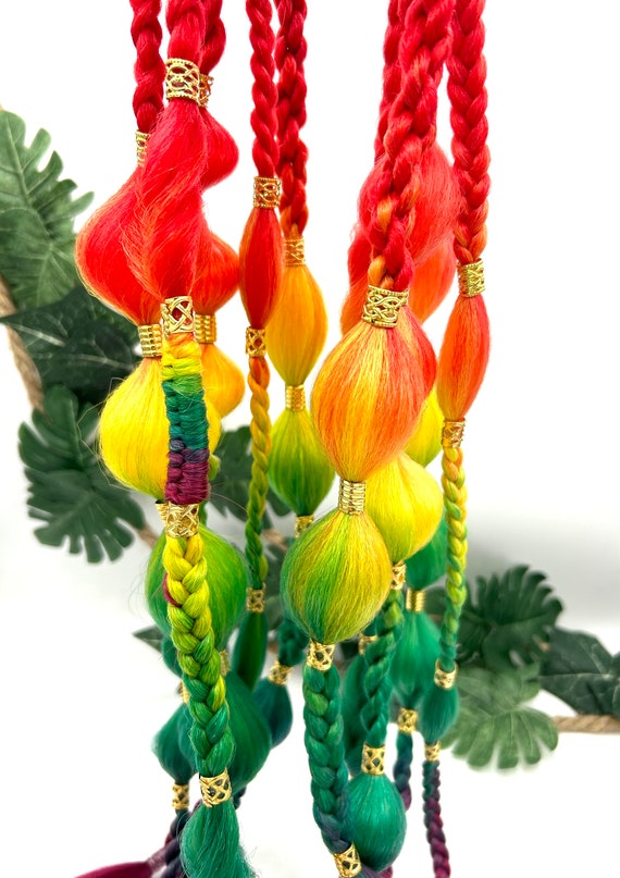 Rainbow Braided Hair Extensions with Gold Beads Clip-in Braids, Faux Braids, 2 Clip-in Braid Extenions, Clip  main image 4