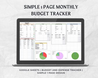 Könnte beinhalten: Ein Laptop mit einer monatlichen Budget-Tracker-Tabelle. Der Bildschirm zeigt Abschnitte für Einnahmen, Ausgaben, Ersparnisse und Schuldenzahlungen mit Kreisdiagrammen. Der Text oben lautet "SIMPLE 1 PAGE MONTHLY BUDGET TRACKER". Der Text unten lautet "GOOGLE SHEETS | BUDGET AND EXPENSE TRACKER | SIMPLE 1 PAGE DESIGN".