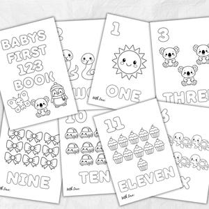 Peut inclure: Ensemble de cartes flash noir et blanc pour bébés. Les cartes présentent des chiffres, des illustrations d'animaux mignons et les mots "BABYS FIRST 123 BOOK", "ONE", "THREE", "NINE", "TEN" et "ELEVEN". Chaque carte contient le texte "With Love:" en bas.