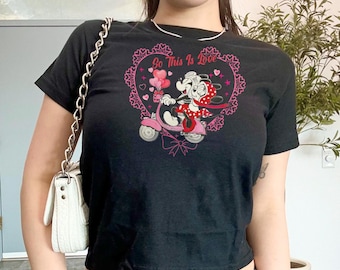 Mickey Minnie Disney Couple Baby Tee Coquette Bow Disney Locket Y2k Crop Top, WDW Disneyland Shirts, Mickey Croptops, Magic Kingdom Vacation