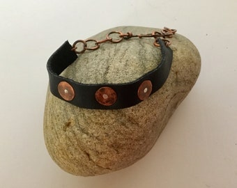 Leather and copper riveted bracelet with handmade copper chain