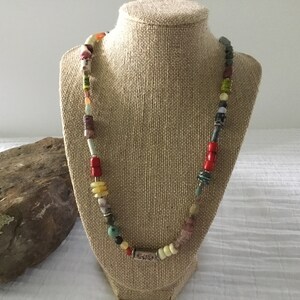 Multi gemstone and sterling silver necklace. Jasper, coral, strawberry quartz, agate, carnelian, blood stone, yellow opal and turquoise.