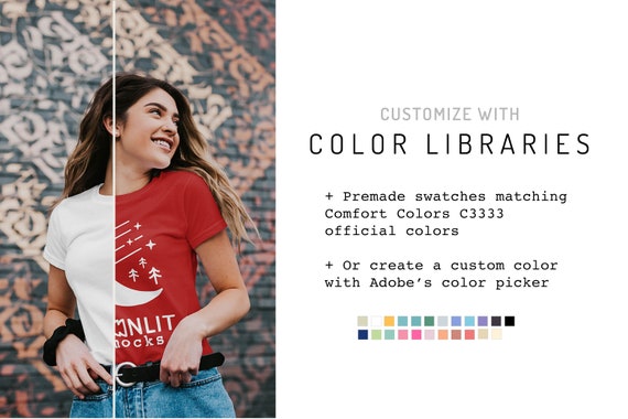 Download T Shirt Mockup Comfort Colors C3333 Women S Shirt Mock Up On Model Every Color Digital Drawing Illustration Trustalchemy Com