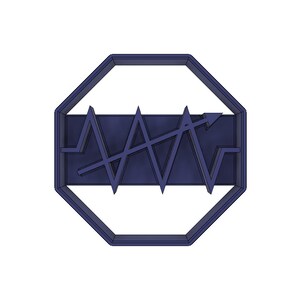 May include: A blue octagon-shaped cookie cutter with a graphic of a wavy line and an arrow pointing upwards.