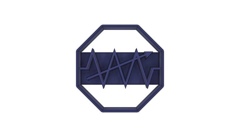 May include: A blue octagon-shaped cookie cutter with a graphic of a wavy line and an arrow pointing upwards.