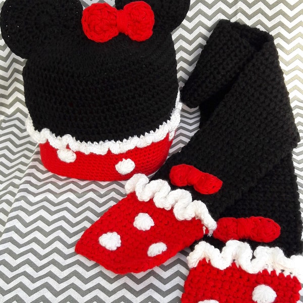 Crochet Minnie Mouse Hat and Scarf/ Available in any size/ MADE TO ORDER