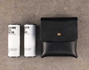 leather 120/35mm film pouch storing and transporting 2 rolls, entirely hand-stitched. Film holder , Film leather case Hand made in Italy