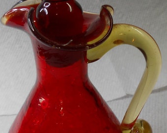 Amberina Blown Crackle Glass Small Pitcher/Cruet Ruby Red Glass Stopper