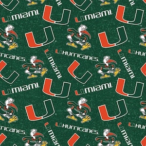 May include: Green fabric with a repeating pattern of the University of Miami logo. The logo features a white ibis bird, the letter "U" in orange and green, and the words "Miami Hurricanes".