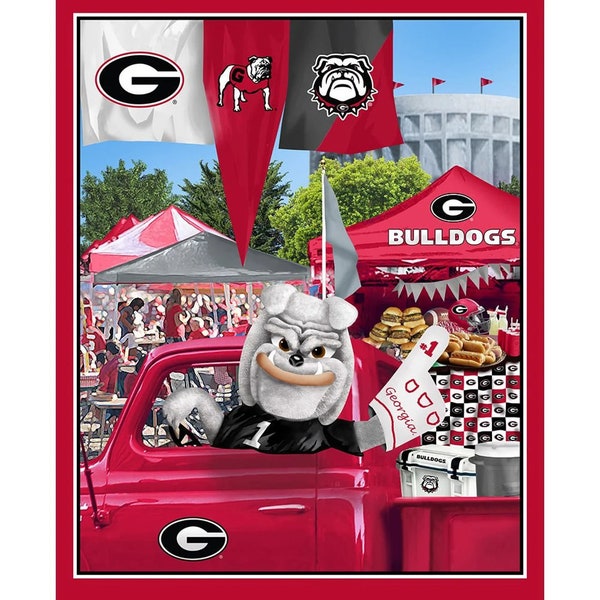 University of Georgia Cotton Fabric by Sykel Georgia Bulldogs Tailgating Mascot Panel NCAA One Yard 36 x 43 for Quilting and Sewing