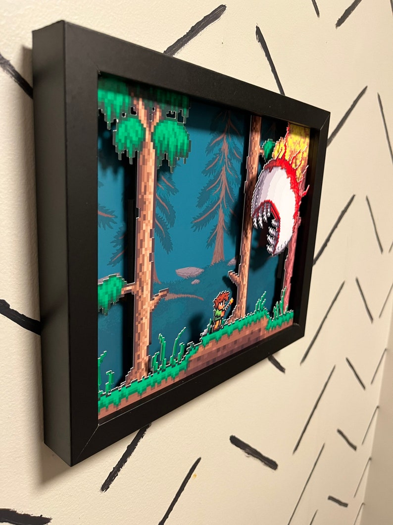 Bringen Sie den Fear-Faktor in Ihre Terraria-Sammlung mit Handmade Eye of Cthulhu Shadowbox 8x10 Papierkunst mit 3D-Effekt Bild 3