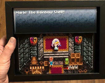 Willkommen in meiner handgemachten Chrono Trigger Shadowbox! Dieses einzigartige 8x10 Stück ist der perfekte Weg, um deine Liebe für eines der größten RPG zu präsentieren