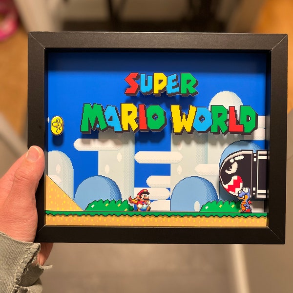 Super Mario World Title Shadow Box- SNES- Mario- Mario Bros- 8x10