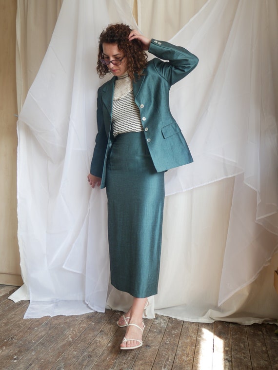 Vintage Laura Ashley linen blend suit | Teal maxi