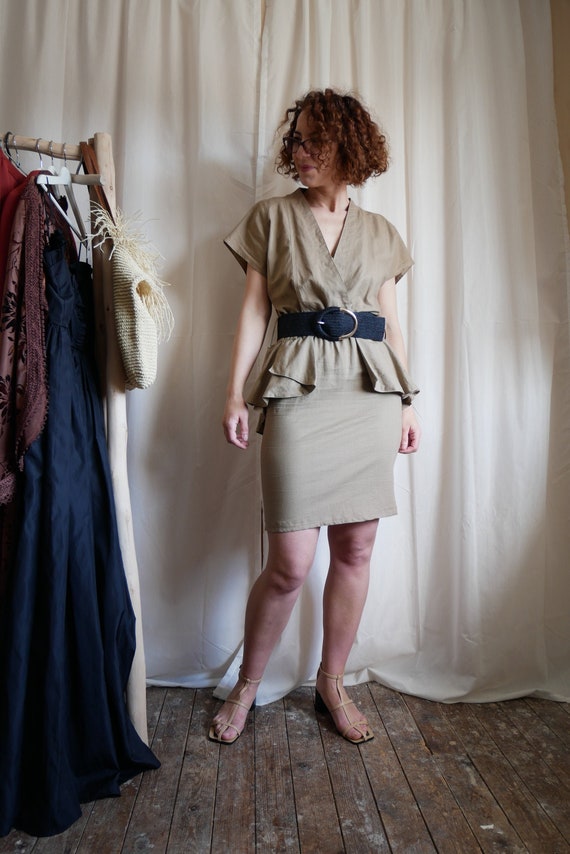 Vintage 70s linen cascade peplum dress