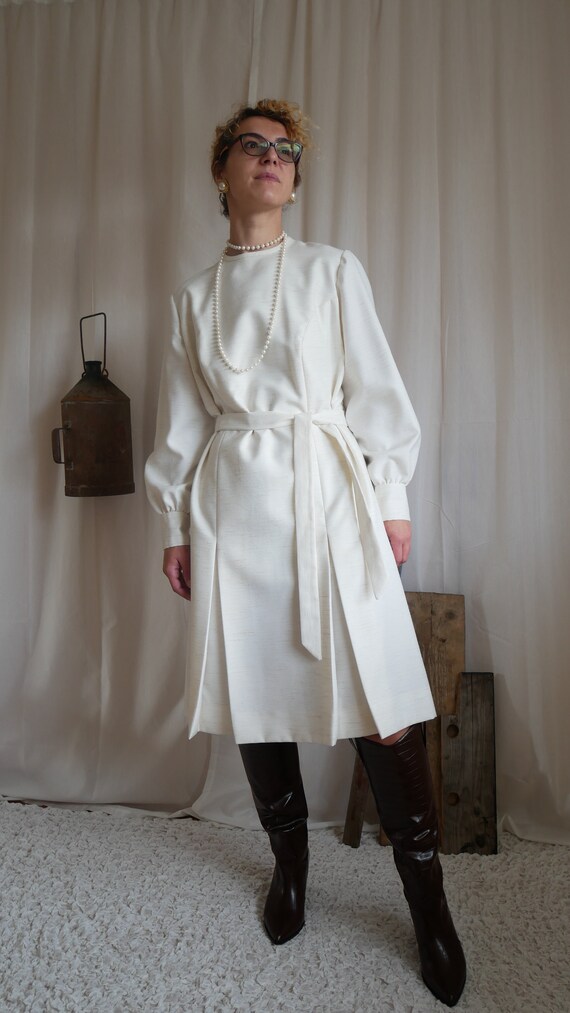 Vintage 70's Trevira ivory pleated midi dress | Wo