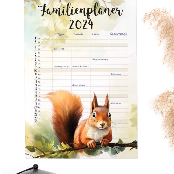 Familienplaner / Familienkalender 2024 mit Tieren im Aquarelldesign // A3-Format