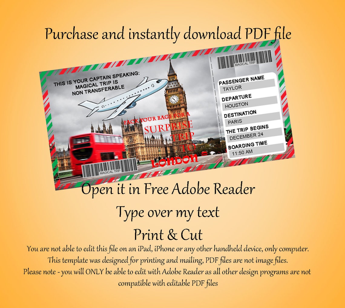 Surprise London Trip Ticket Vacation Tickets Instant Download - Etsy Israel