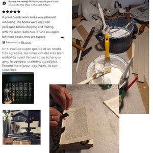 May include: A bookbinding workshop is shown, with a person working on a book. Paintbrushes, glue, and a book press are visible. A shelf of books is also in the image, along with various tools and materials.