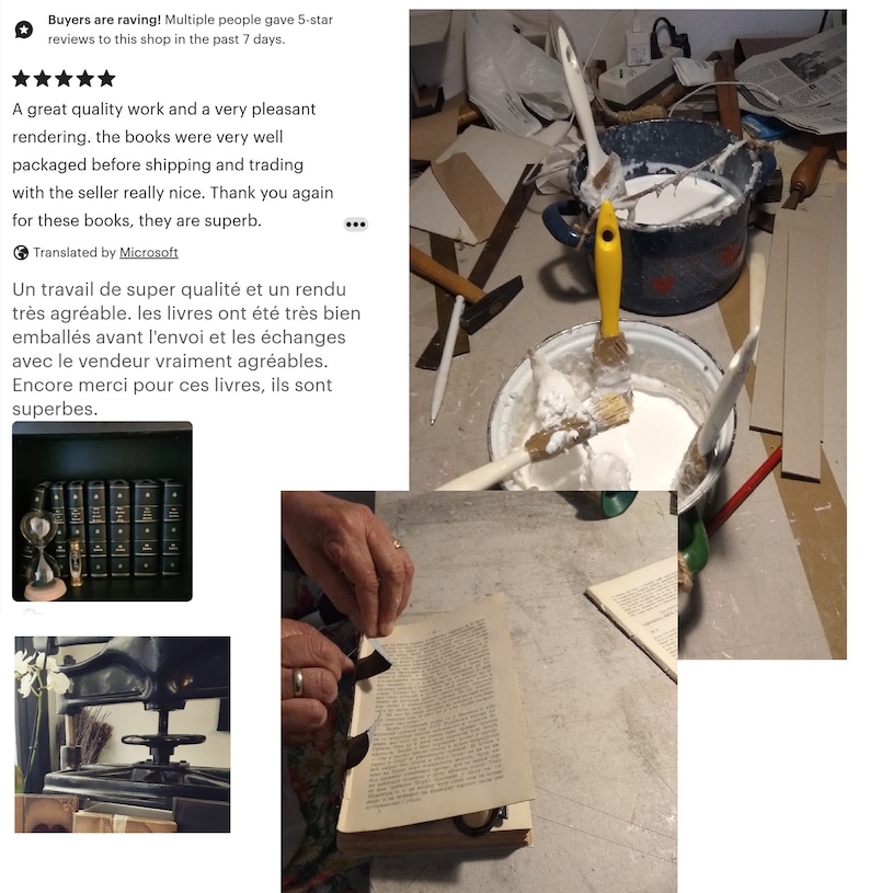 May include: A bookbinding workshop is shown, with a person working on a book. Paintbrushes, glue, and a book press are visible. A shelf of books is also in the image, along with various tools and materials.