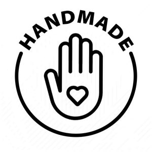 May include: A black and white circular logo featuring the word "HANDMADE" above a hand with a heart symbol in the palm. The design is simple and clean, ideal for handmade crafts and products.