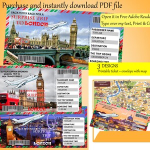 Surprise London Trip Ticket Vacation Tickets Instant Download Vacation Surprise Trip Ticket London Boarding Pass  Printable Ticket to London