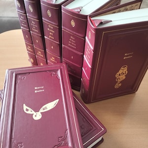 Leather bound Handmade wizard books made with Licensed Fabric bound hardcover set 7  Dark Burgundy harry shelf gold foil as potter art