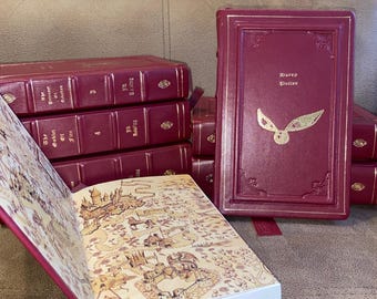 Leather Bound Book Set, smell it: wizard book Burgundy Lambskin Gold Foil Magic books Library handmade