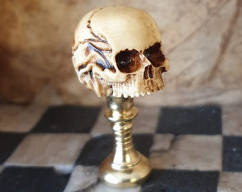Dollhouse Miniature Human Skull on Gold Pedestal - Gothic Halloween Decor (20x23mm)