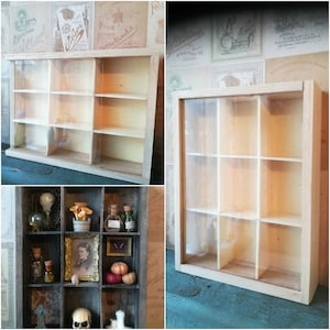 Peut inclure: Une vitrine en bois clair avec une façade en verre et plusieurs compartiments. Le meuble est de forme rectangulaire et est conçu pour présenter de petits objets. Les étagères sont visibles à travers le verre, offrant une vue claire du contenu.