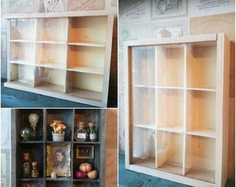 9-Compartment Wooden Display Box – Glass Sliding Lid, Miniature Shadowbox
