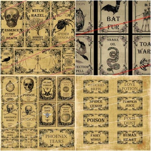 WITCH POTION LABELS Digital Download - 4 Sheets With Potion Labels - Fantasy Witch Apothecary Bottle Labels Skull Pumpkin Moon Bee Heart