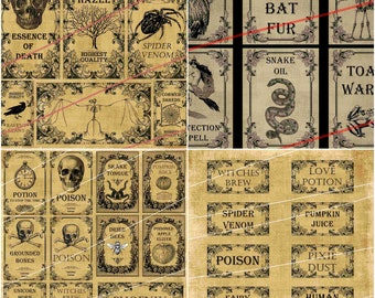 WITCH POTION LABELS Digital Download - 4 Sheets With Potion Labels - Fantasy Witch Apothecary Bottle Labels Skull Pumpkin Moon Bee Heart