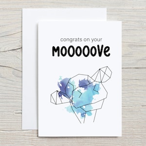 Félicitations pour votre carte de déménagement (plié) avec enveloppe, nouvelle carte de visite, carte de vœux drôle, vache mignonne, jeu de mots, carte de jeu de mots animal