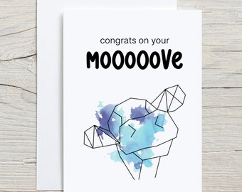 Congrats on your move card (folded) with envelope, new house card, funny greeting card, cute cow, word play, animal pun card