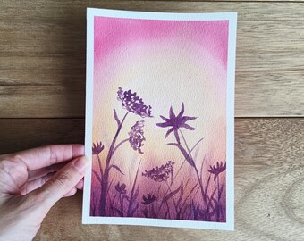 Pintura original, puesta de sol, puesta de sol en acuarela, pintura de flores, campo de flores en acuarela, pintura al atardecer, pintura rosa y amarilla