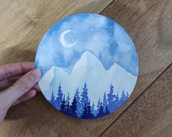 Misty forest, original watercolor, mini watercolor, round artwork, watercolor mountains, misty trees, snowy mountains